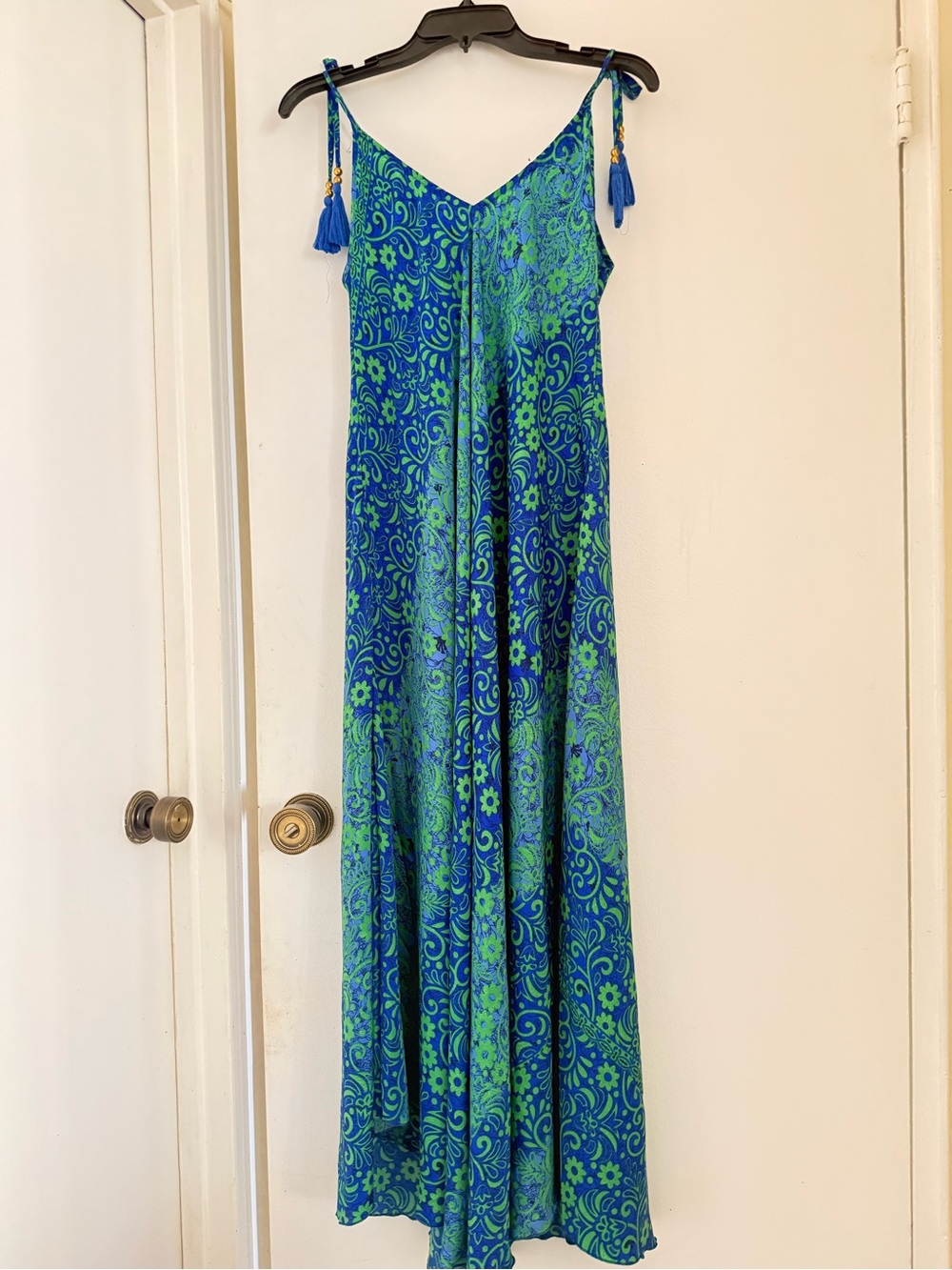 Silk Blue and Green Paisley Maxi Dress with Tassel Straps